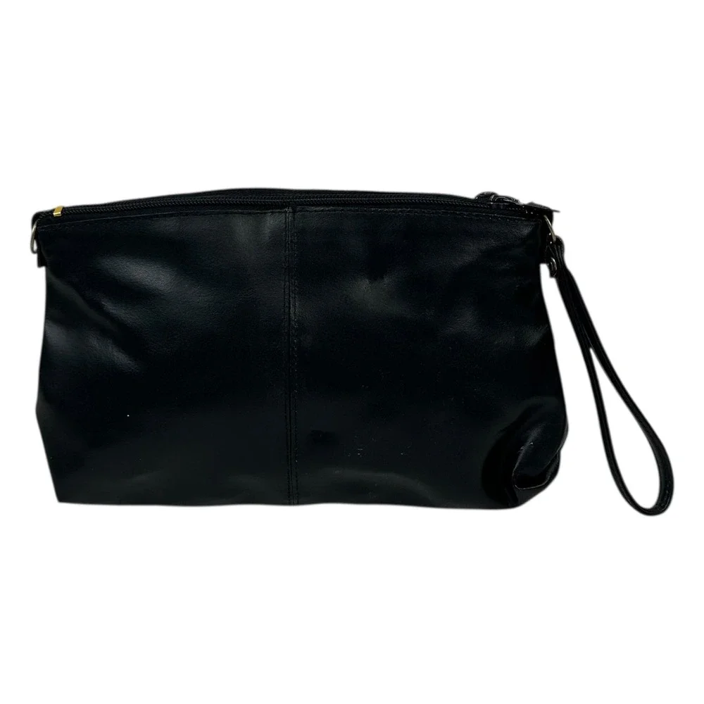 VTG Holiday Fair Wristlet Clutch Bag Womens Black Leather Look Zip Pouch Evening